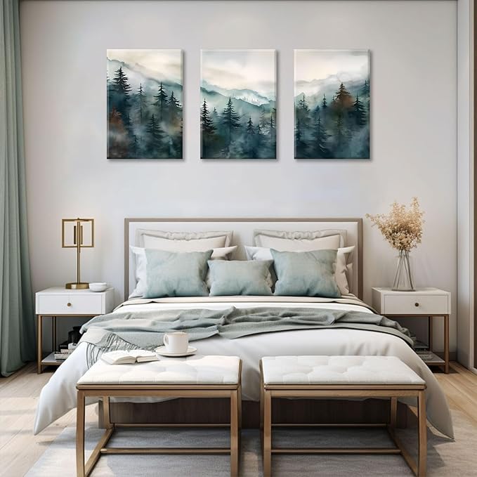 Bwodke Canvas Wall Art Mountain Framed Wall Art Set of 3 Boho Nature Landscape Picture Decor Pine Forest Prints Artwork Painting for Living Room Bedroom Office 12"x16"