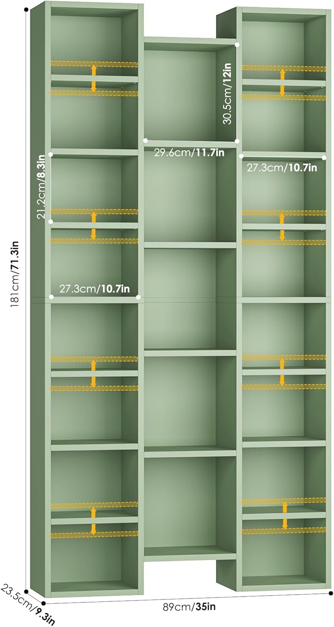 FOTOSOK 71'' Tall Bookshelf with 21 Cubes, 8 Tier Triple Wide Bookshelf with 8 Adjustable Shelves, 35" Large Bookcase DVD/CD Media Tower Storage, Freestanding Display Shelf Cabinet, Green