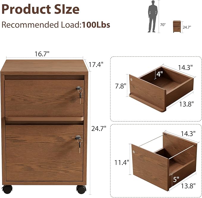 KungFuWood Wheeled Double-Drawer Filing Cabinet, Lockable Metal Filing Cabinet, Suitable for Home Offices or Storage cupboards for Storing Legal documents or Letter-Sized Files.