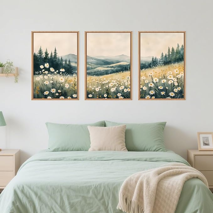 Large Misty Mountain Framed Canvas Wall Art,Nature Daisy Flower Wall Decor,Modern Foggy Forest Painting,Abstract Woodland Landscape Artwork for Living Room,Bedroom,Dining Room-16"x24"x3