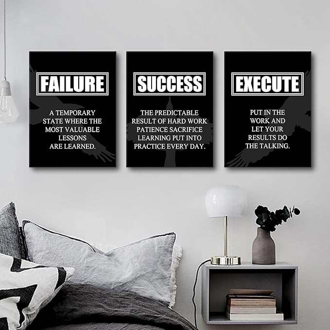 Inspirational Poster Home Wall Decor Motivational Canvas Painting Wall Art Failure Success Execute Noun 3 Pieces Positive Prints Picture Artwork School Office Decor Framed[36" W X 16" H]