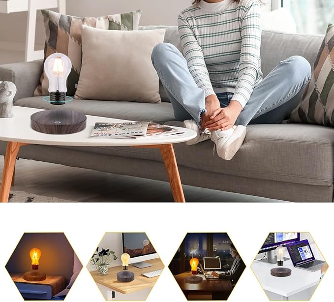 VGAzer Magnetic Levitating Floating Wireless LED Light Bulb Desk Lamp for Unique Gifts, Room Decor, Night Light, Home Office Desk Decor (Round Wooden Base A)