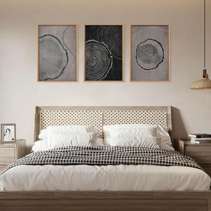 Ausril Tree Ring Framed Canvas Wall Art Set of 3, Modern Beige Wood Stump Wall Decor, Black and Gray Tree Spiral Wall Painting, Neutral Nature Art Print for Living Room, Bedroom, Office - 36"x24"