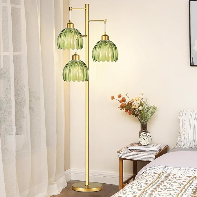 Glass Floor Lamp for Living Room,Bedroom,Gold Mid Century Modern Standing Lamp Brass Tree 3 Light Tall Floor Lamps Vintage Retro Floor Lights Green Flower Lamp Shade Farmhouse Boho Bohemian