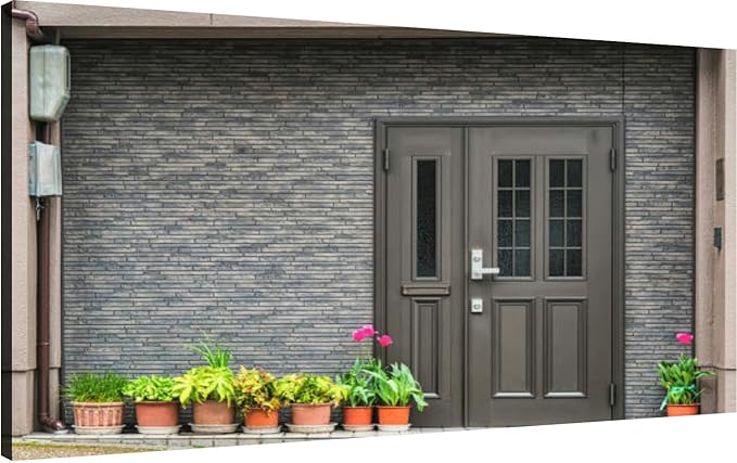 Canvas Wall Art for Living Room Bedroom Gray front door small square decorative windows and flower pots fron Big Large Wall Art Decor Framed Painting Wall Pictures Prints Artwork Office