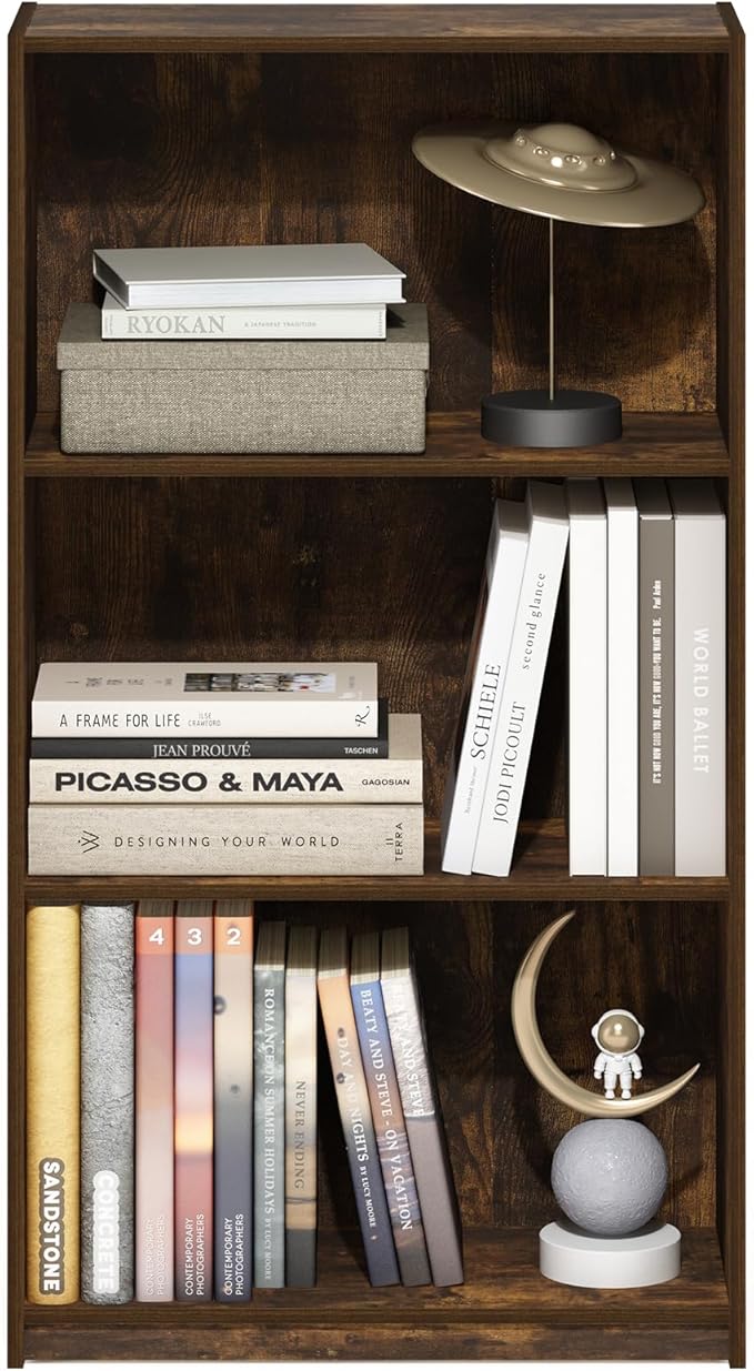 Furinno Basic Book Shelf, 3-Tier Modern Bookshelf, Bookcase with Open Shelves, 9.3 x 21.8 x 39.5, for Living Room, Bedroom, Home Office, Amber Oak
