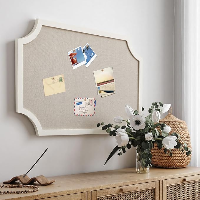 Vintage Framed Pin Board Linen Display Bulletin Board Large Cork Fabric Picture Photo Pinboard Memo Ornate Decorative Pinboard Ornate for Wall Gift(Scalloped,24'' X 36",Farmhouse White)