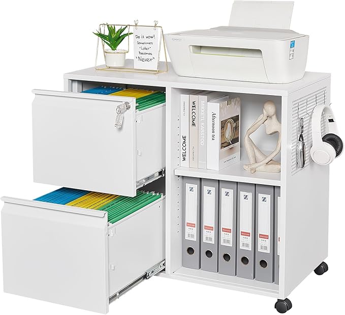 Yizosh 2-Drawer Metal File Cabinet with Lock, Mobile Lateral Filing Cabinet, Printer Stand with Adjustable Storage Shelves for Home Office (White)