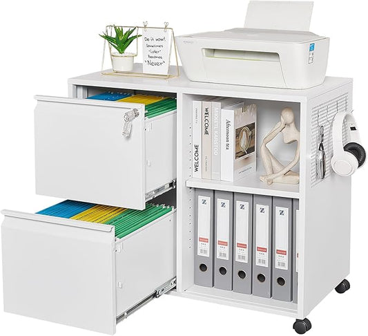 Yizosh 2-Drawer Metal File Cabinet with Lock, Mobile Lateral Filing Cabinet, Printer Stand with Adjustable Storage Shelves for Home Office (White)