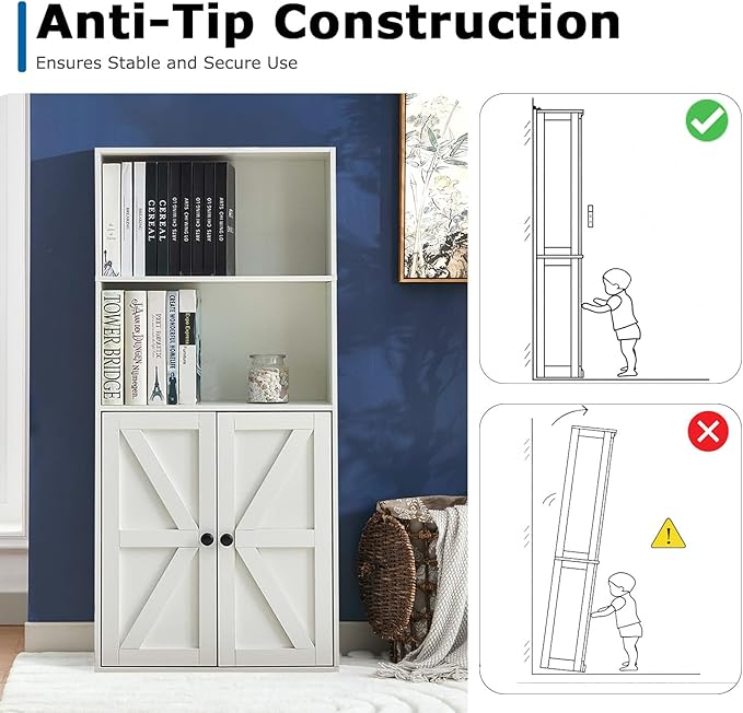 Bookshelves and Bookcases with Barn Doors Set of 2, Farmhouse Bookshelf with Display Shelves, Floor Standing 4-Tier Book Shelf with Storage Cabinet for Home Office, Living Room, Bedroom