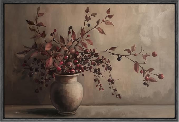 SIGNFORD Framed Canvas Print Wall Art Rustic Berries in Vase Traditional Still Life with Warm Tones Illustrations Modern Art Decorative Relax/Calm for Living Room, Bedroom, Office - 16"x24" Black