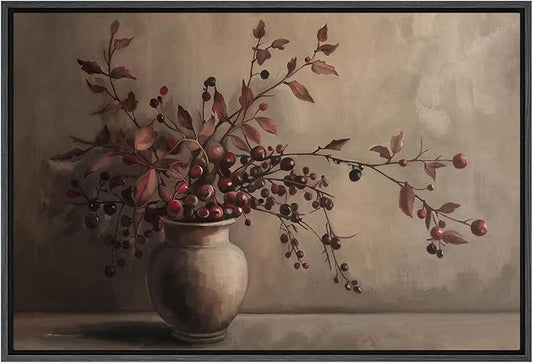 SIGNFORD Framed Canvas Print Wall Art Rustic Berries in Vase Traditional Still Life with Warm Tones Illustrations Modern Art Decorative Relax/Calm for Living Room, Bedroom, Office - 24"x36" Black