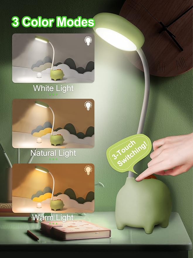 LED Desk Lamp, Dinosaur Night Light for Kids,Cute Bedside Lamps Reading Light with Touch Control, 3 Color Modes Nursery Room Decor Small Lights, Kawaii Accessories Funny Gifts for Boys Girls Teens