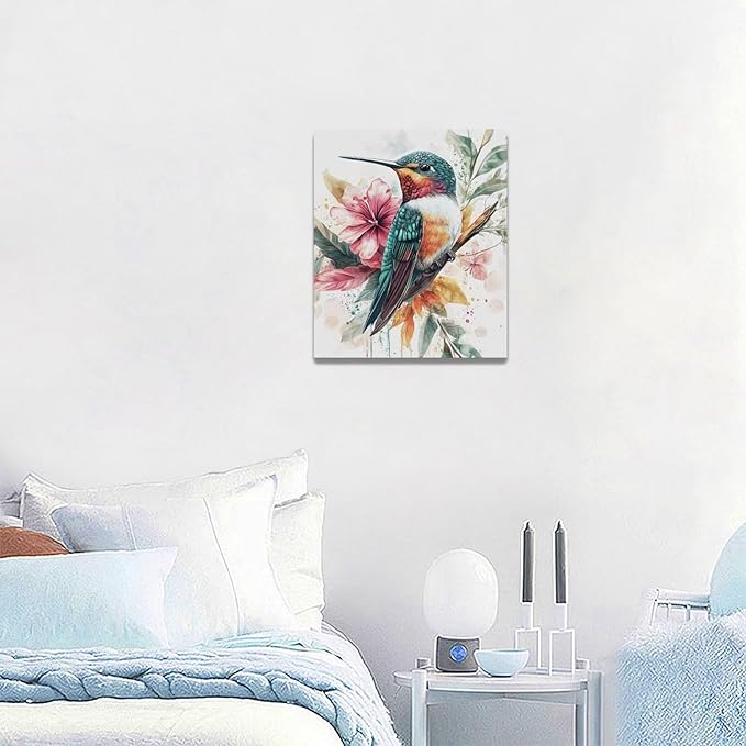 Watercolor Hummingbird Wall Art Country Flower Bird Pictures Wall Decor Colorful Canvas Painting Modern Home Artwork Decorations for Bathroom Bedroom Living Room Office Framed 20"x24"