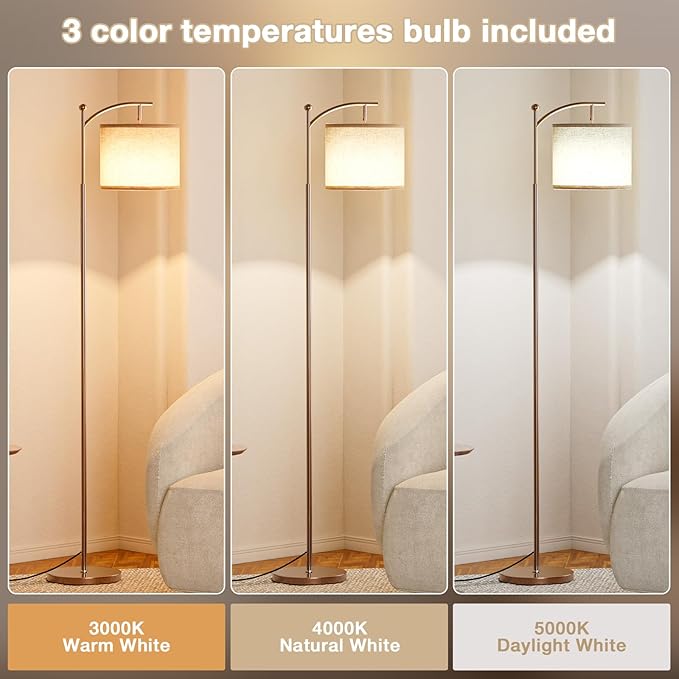 Ambimall 60" Floor Lamps for Living Room with 3 Color Temperatures, Adjustable Beige Shade with Brown Pole, Tall Lamps for Living Room Bedroom Office Classroom Dorm Room, 9W Bulb Included