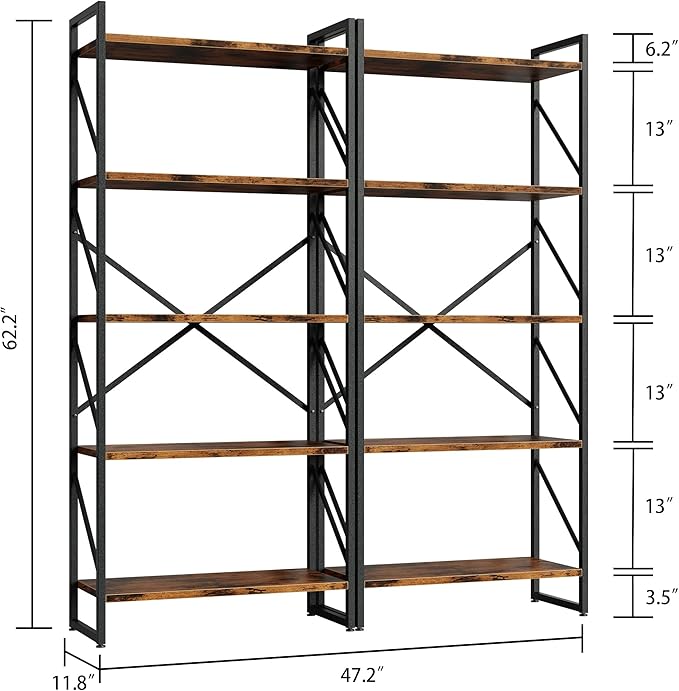 Shintenchi 5 Tiers Bookshelf, Classically Tall Bookcase Shelf, Industrial Book Rack, Modern Book Holder in Bedroom/Living Room/Home/Office, Storage Rack Shelves for Books/Movies-Rustic Brown