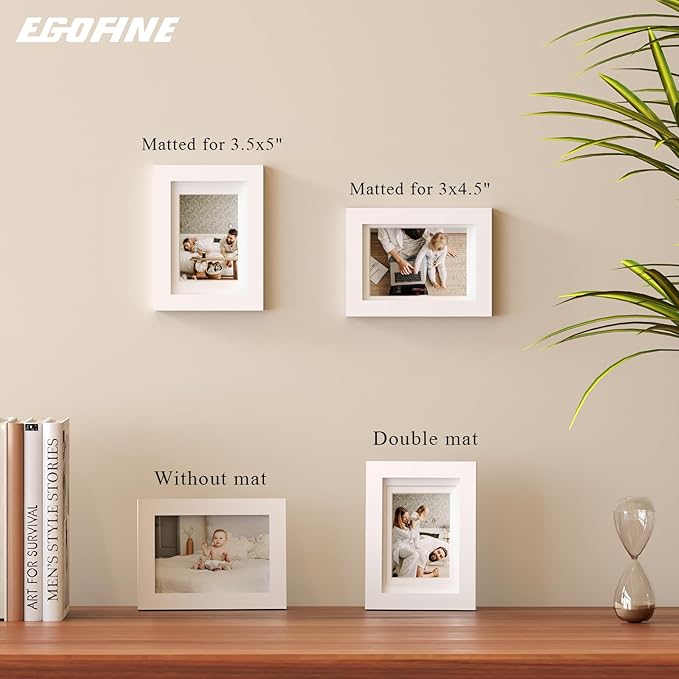 Egofine 4x6 Set of 6, Made of Solid Wood Covered by Plexiglass 3x4.5 and 3.5x5 with Mat or 4x6 without Mat, for Table Top Display and Wall Mounting Photo Frame, White