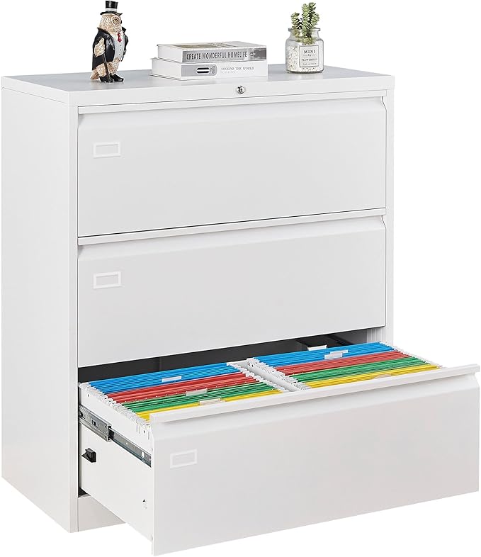3 Drawer Filing Cabinet, Black Lateral File Cabinet with Lock, Lockable Metal File Cabinet for Home Office, Office File Cabinets for Legal/Letter/A4/F4 Size with Hanging Files&Key (White(3 Drawer))