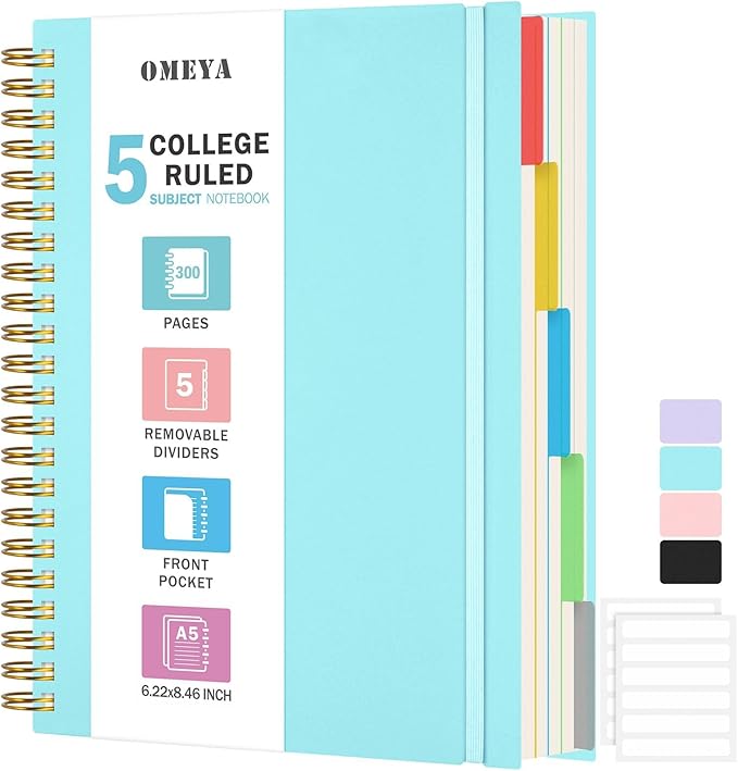 5 Subject Notebooks College Ruled, Spiral Lined Notebook with Removable Dividers, 300 Pages 100GSM Thick Spiral Writing Journal for Women & Men, Large A5 Notebooks for Work, School Supplies, 6" x 8"