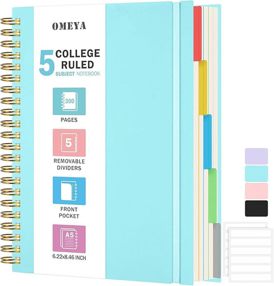5 Subject Notebooks College Ruled, Spiral Lined Notebook with Removable Dividers, 300 Pages 100GSM Thick Spiral Writing Journal for Women & Men, Large A5 Notebooks for Work, School Supplies, 6" x 8"