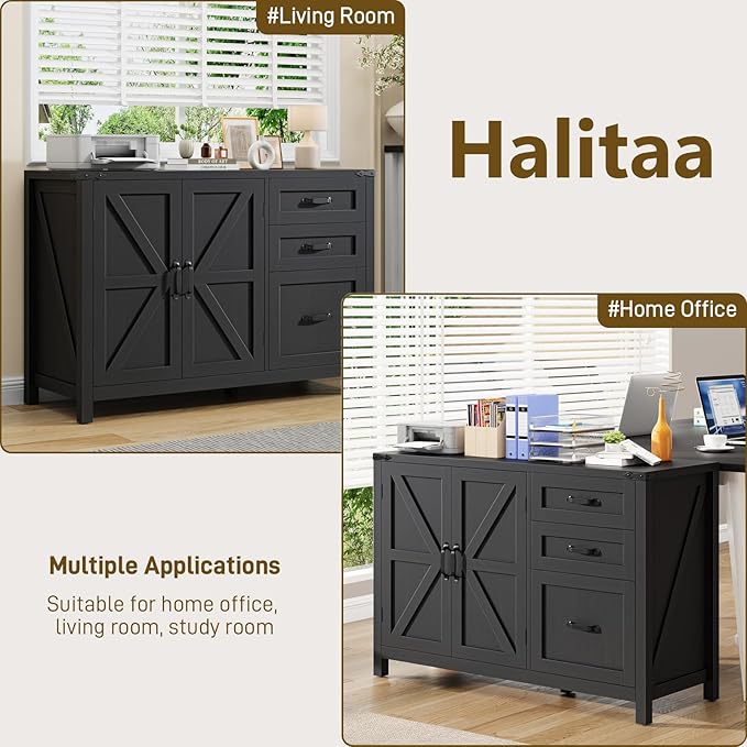 3 Drawer File Cabinet, Farmhouse Lateral Filing Cabinet with Doors for Letter/A4 Size Hanging Files, Large Wood Storage Cabinets Printer Stand with Adjustable Shelf for Home Office, Black
