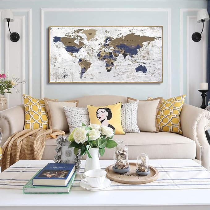 Framed Wall Art World Map Wall Art Canvas Picture24inx48in Large Grey Map of The World Canvas Painting Artwork Prints for Office Wall Decor Home Living Room Decorations Framed Ready to Hang