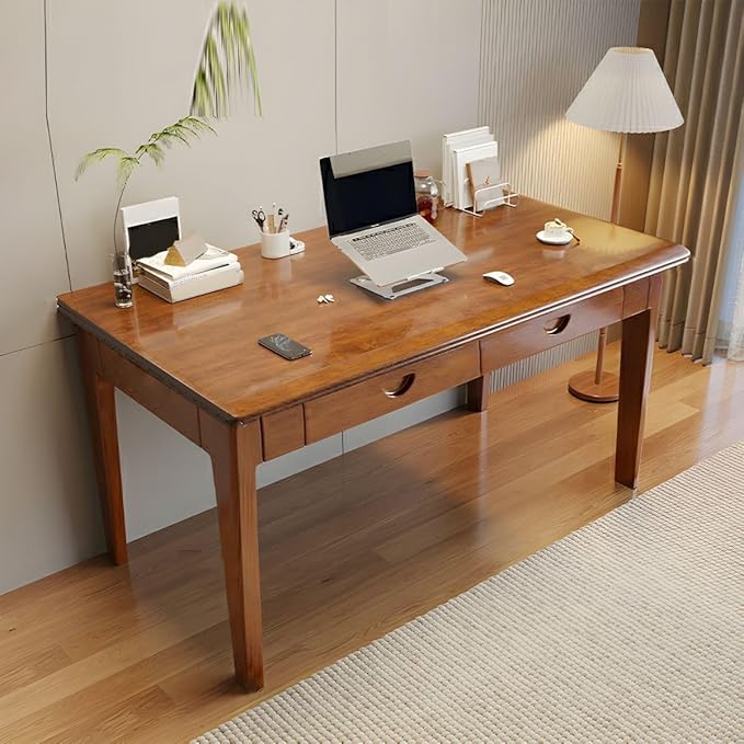 RUNNUP Modern Wood Writing Desk with 2 Drawers 39.5" Home Office Desk Simple Study Desk for Small Spaces, Without Chairs Nut-Brown