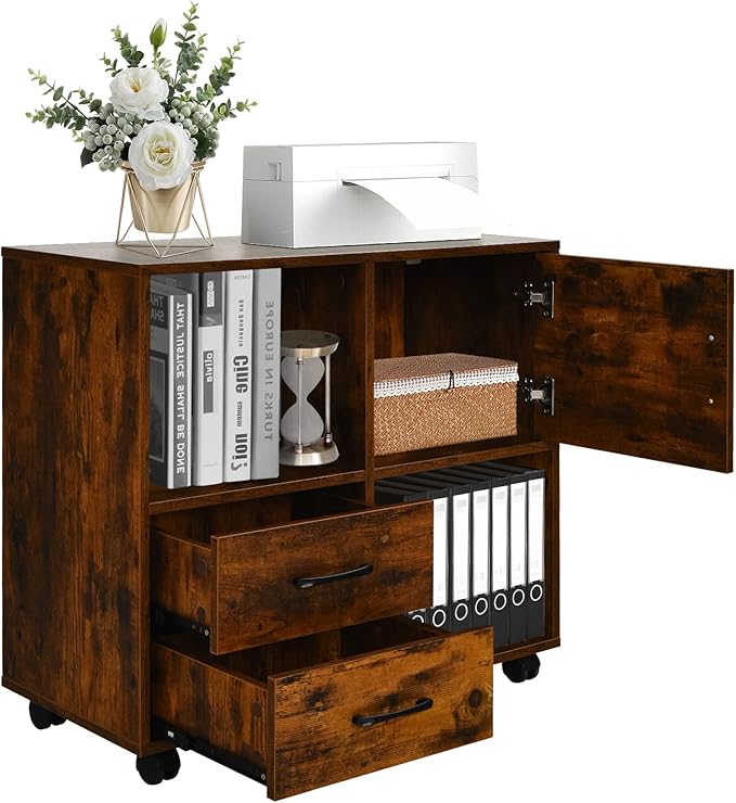 Giantex Printer Stand Lateral Cabinet - Mobile File Cabinet with 2 Drawers, Office Cabinet with 2 Open Compartments, Lateral Rolling Filing Cabinet on Wheels, Printer Cabinet(Brown)