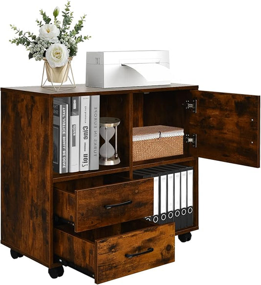 Giantex Printer Stand Lateral Cabinet - Mobile File Cabinet with 2 Drawers, Office Cabinet with 2 Open Compartments, Lateral Rolling Filing Cabinet on Wheels, Printer Cabinet(Brown)