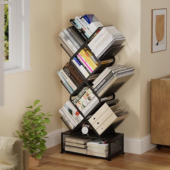 Metal 6 Tier Bookshelf, No Assembly Needed Foldable Bookcase with Storage Cabinet, Sturdy Standing Shelf for Bedroom Office Corner, Black