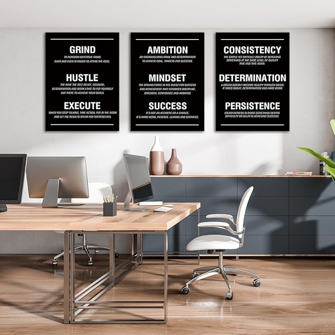 COSCTOR Set of 3 Motivational Wall Art Canvas for Office Workplace Garage Gym Living Room Bedroom Grind Hustle Execute Black and White Wall Decor Inspirational Quotes Posters for Paintings(Framed,12x16)