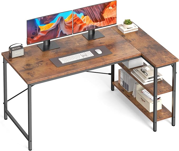 DUMOS L Shaped Desk 47 Inch Computer Desk Gaming Furniture Corner Desks Home Office PC Table with Reversible Storage Shelves for Writing Working Study Bedroom Dorm, Rustic Brown