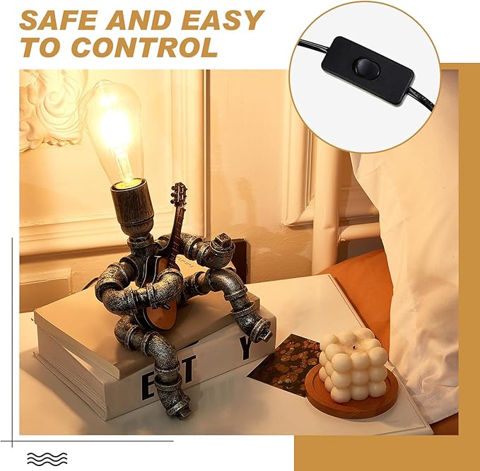 VIHOSE Metal Pipe Table Lamp, Creative Robot Style Desk Lamp, Vintage Industrial Water Pipe Light for Men Bedside Table Nightstand Bar Restaurant Cafe(Guitar Style, Silver Black)