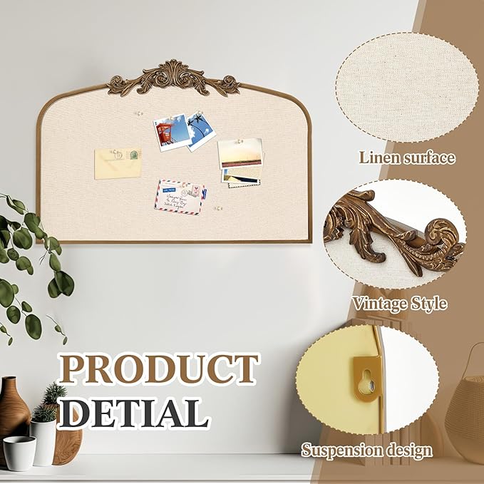 Vintage Framed Pin Board Linen Display Bulletin Board Large Cork Fabric Picture Photo Pinboard Memo Ornate Decorative Pinboard Ornate for Wall Gift(Arch,23.6" X 35",Antique Golden)
