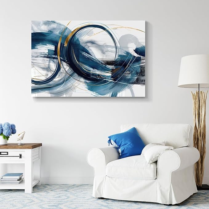 gaosoul Modern Abstract Canvas Wall Art Dynamic Blue Gold Lines Doodled on White Background Paintings Framed Minimalism Artwork Prints for Living Room Bedroom Office Decor 48x32in