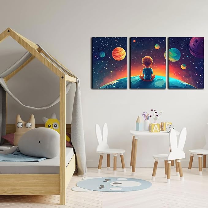 3Pcs Space Boy Canvas Wall Art Cute Inspirational Space Fantasy Wall decor pictures with Planet Pattern poster Prints Painting for Child’s Bedroom and Home Decoration Ready To Hang 16x24in canvas