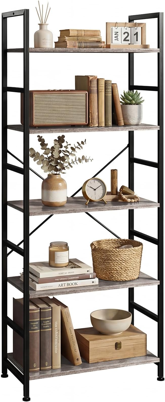 5 Tier Bookshelf, Free Standing Wooden Bookcase with Open Storage Shelves with Metal Frame, Sturdy Shelf Organization Display Rack for Living Room, Bedroom, Home Office, 62.2" Tall, Grey