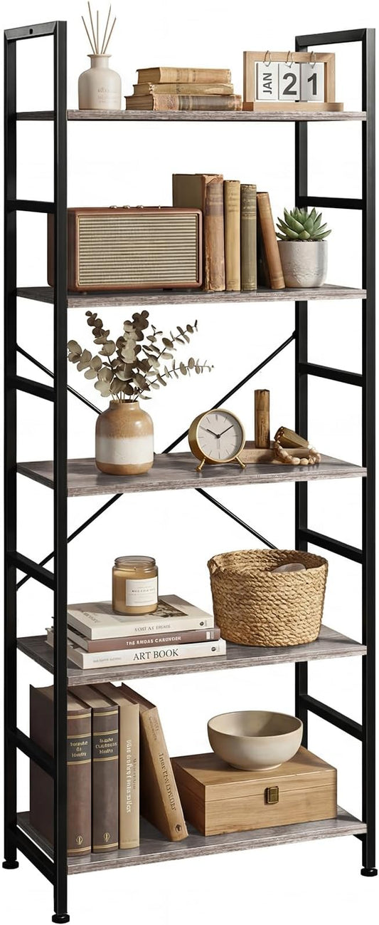 5 Tier Bookshelf, Free Standing Wooden Bookcase with Open Storage Shelves with Metal Frame, Sturdy Shelf Organization Display Rack for Living Room, Bedroom, Home Office, 62.2" Tall, Grey