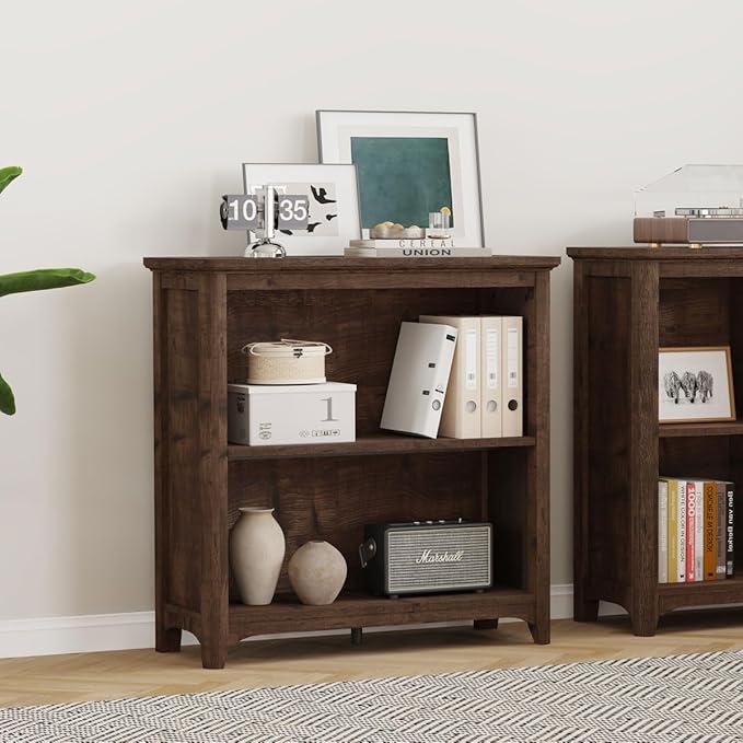 BON AUGURE Bookcase, Open Storage Book Cases/Shelves, Floor Standing 2 Shelf Bookshelf for Farmhouse Living Room, Library Office, Bedroom, Kids (Rustic Oak, 30 in)