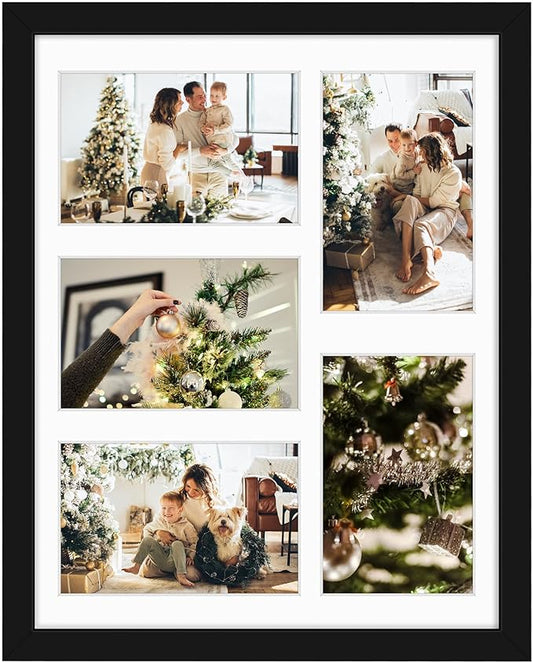 Golden State Art, 11x14 Black Wooden Frame with White Mat - Displays Five 4x6 Photos - Real Glass, Sawtooth Hangers, Flexible Metal Tabs - Wall Mounting, Landscape, Portrait