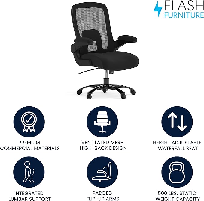 Flash Furniture Big & Tall Swivel Office and Gaming Chair with Lumbar and Back Support, Ergonomic Mesh Office Chair with Flip-Up Armrests and Adjustable Height, Black