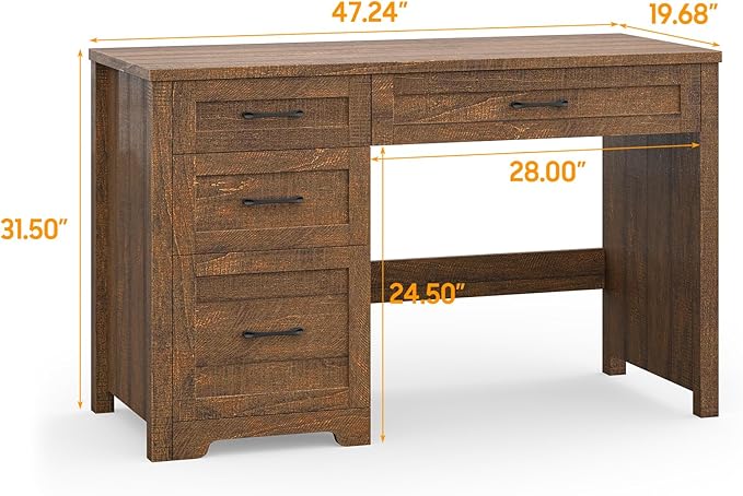 Vabches Farmhouse 47" Executive Desk with File Drawer, Wood Computer Desk with 3 Storage Drawers, Workstation for Home Office, Study, Writing.Red-Brown.