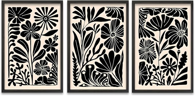 TQianJiang Flower Plant Sign Wall Decor 24"x16" Set of 3 Black And White Botanical Painting Wood Framed for Bedroom Abstract Wildflower Hanging Art (Black)