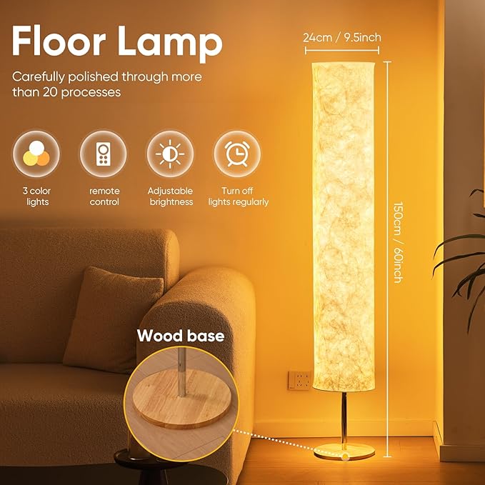 58" Soft Light Floor Lamp 3 Color Lighting Remote Control LED lamp with Tyvek Fabric Shade Column Paper Floor lamp,Brightness Adjustable for Living Room Bedroom Game Room