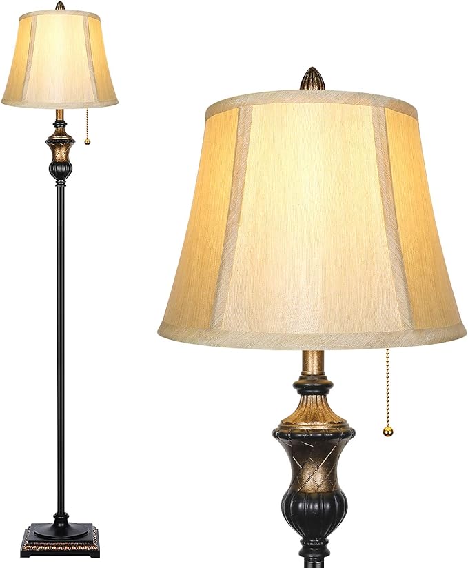 TOBUSA Traditional Floor Lamp, Classic Standing Lamp with Bronze Fabric Shade, Vintage Elegant Tall Pole Lamp for Living Room Bedroom Office Reading, Rustic Upright Floor Lights, Pull Chain Switch