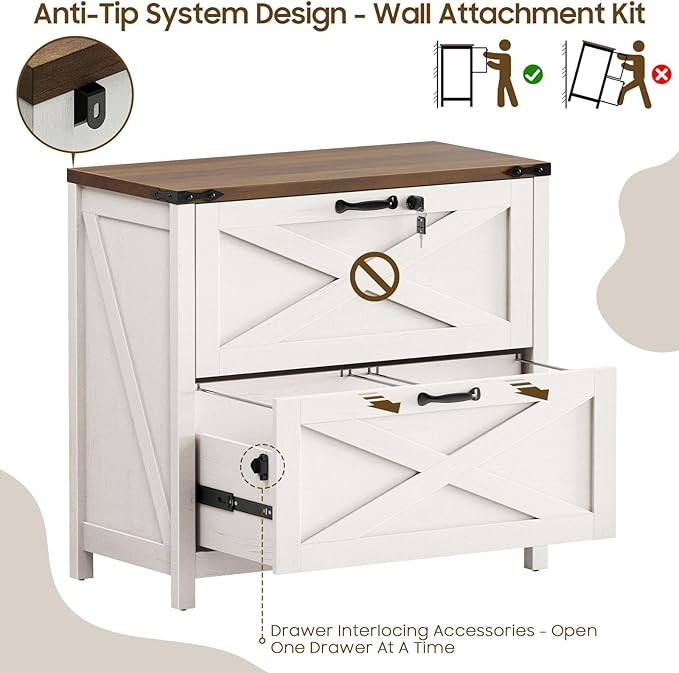 Lateral File Cabinet with 2 Large Drawers, Farmhouse File Cabinet with Lock for Letter/Legal/A4 Size Hanging Files, Wood File Storage Cabinets Printer Stand for Home Office Cabinets, White and Brown