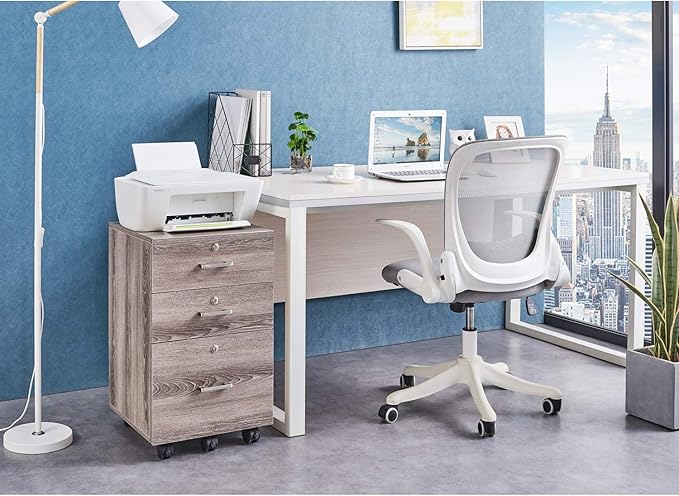 Bonnlo 26"H 3 Drawer File Cabinet With Lock, Rolling Under Desk, Mobile for Home Office, Wood Printer Stand for Letter Size Filings, Assembly Required, Gray Oak