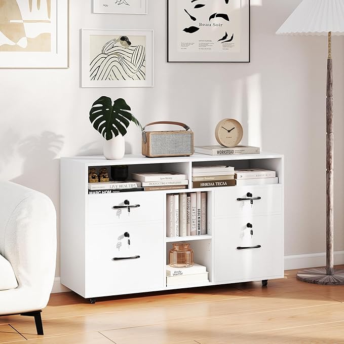 Giantex 4-Drawer Lateral File Cabinet with Lock, Adjustable Shelf, Open Components, 5 Rolling Wheels (2 Lockable), Fits Files A4/Letter Size, Mobile Filing Storage Organizer, Printer Stand (White)
