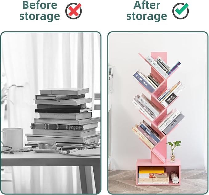 Yoobure Tree Bookshelf - 6 Shelf Retro Floor Standing Bookcase, Tall Wood Book Storage Rack for CDs/Movies/Books, Utility Book Organizer Shelves for Bedroom, Living Room, Home Office Pink