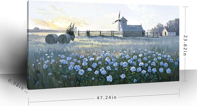 amatop Rustic Farmhouse Canvas Wall Art | Blue Rose & Windmill Sunset Landscape – Serene Countryside Botanical Decor for Living Room, Bedroom & Office (48x24 Inch)